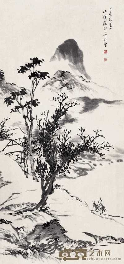 吴镜汀 1947年作 寒江单骑图 镜心 71×34cm